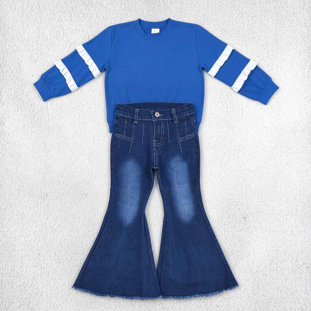 NEW RTS NO MOQ Denim GT1860+ P0457 Baby Girls Royal Blue Ruffle Sleeve Top Western Navy Bell Flare Denim Pants Set