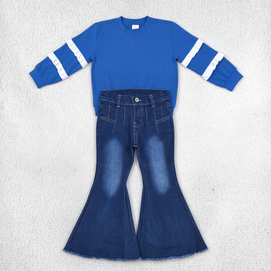 NEW RTS NO MOQ Denim GT1860+ P0457 Baby Girls Royal Blue Ruffle Sleeve Top Western Navy Bell Flare Denim Pants Set
