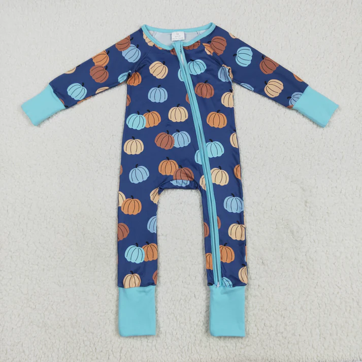 RTS NO MOQ Sibling Baby boy clothes Halloween pumpkin long Sleeve Romper Mixed Sizes