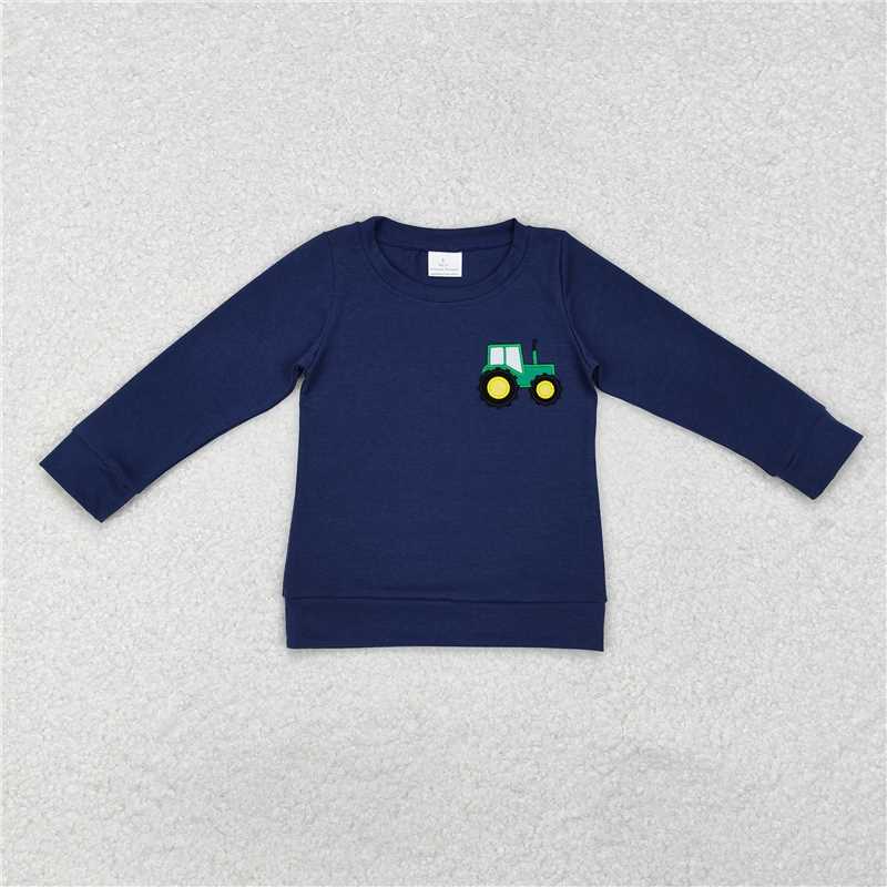 RTS NO MOQ Baby kid embroidery navy blue long sleeve top