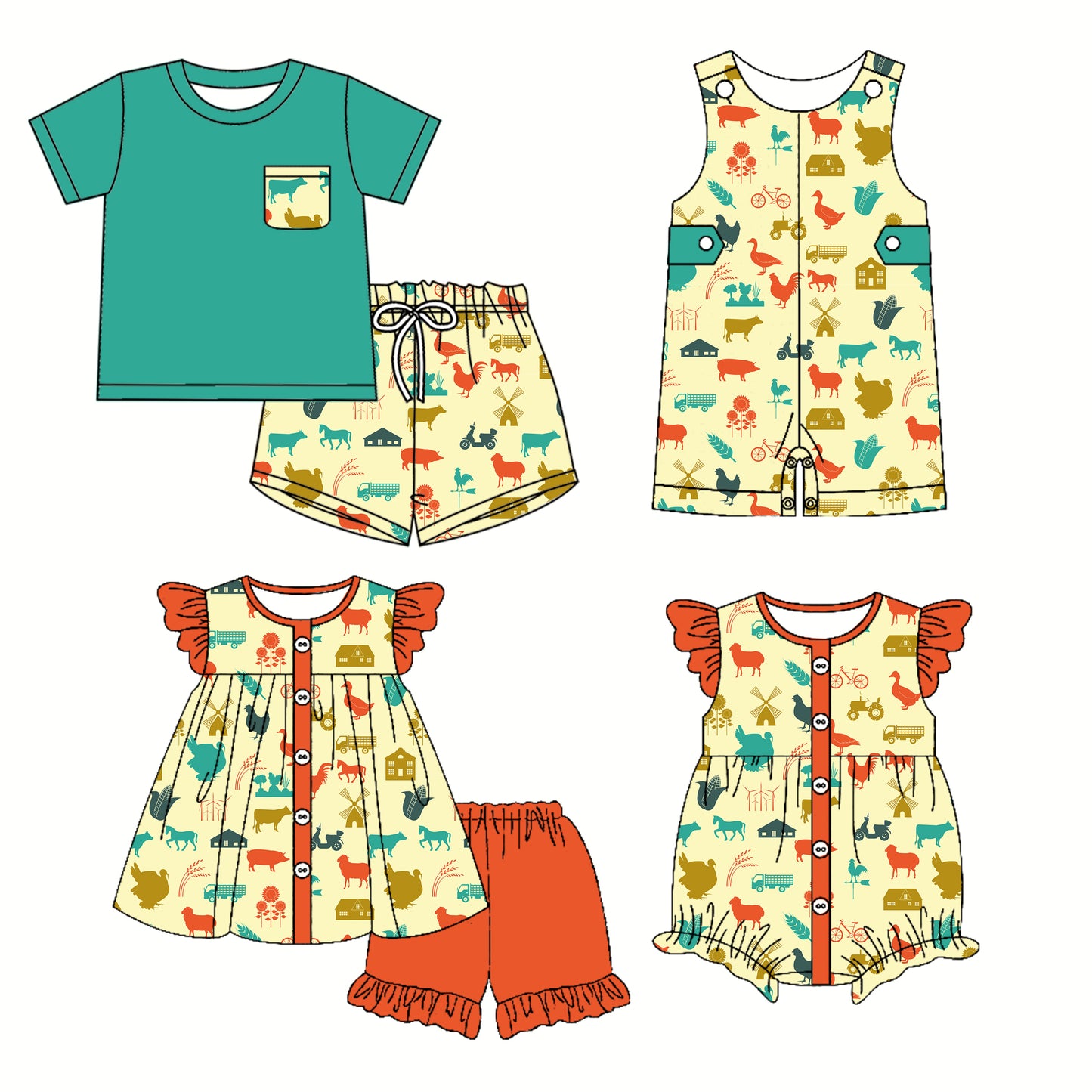 3.1 custom each style moq 5eta 4-6week Sibling Sister dinosaur baby girl short sleeve shorts sets and sets 2 and boy romper and girl romper match design