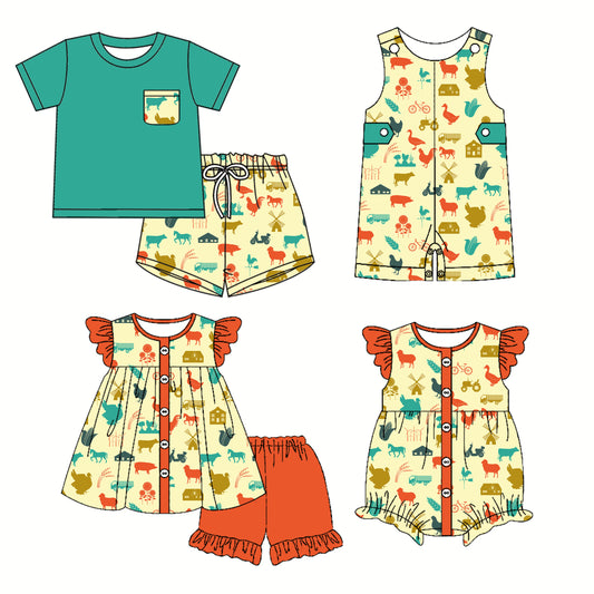 3.1 custom each style moq 5eta 4-6week Sibling Sister dinosaur baby girl short sleeve shorts sets and sets 2 and boy romper and girl romper match design