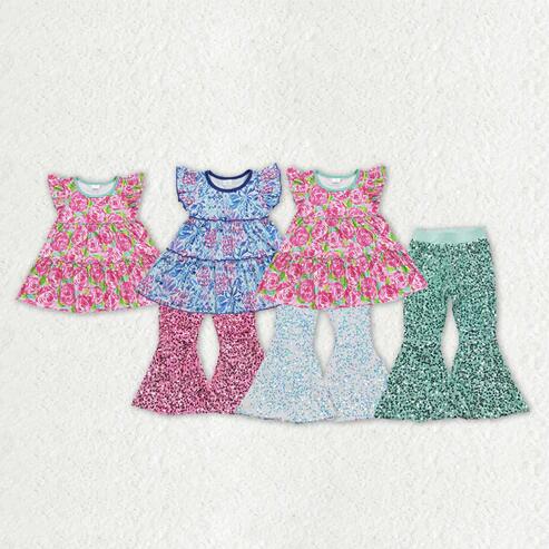 RTS NO MOQ Sibling Baby Girls Colorful Floral Tunic with Flutter Sleeves Sequin Bell Bottom Pants Cute Baby Outfit Set