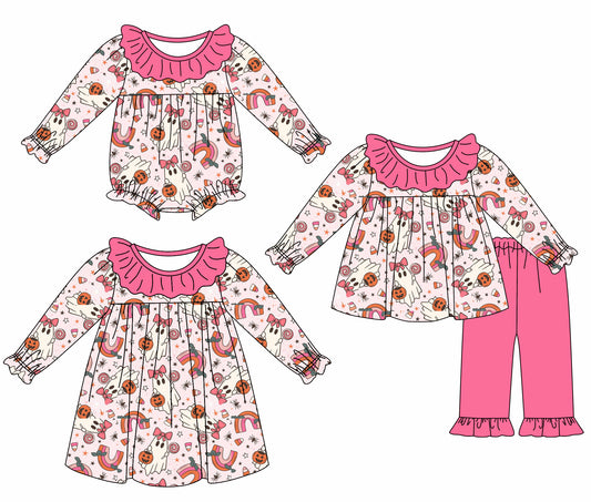 25.6.23 custom each style moq 5eta 4-6week Sibling Sisters ghost pumpkin baby girl long sleeve pants sets and dress and rompers match family design
