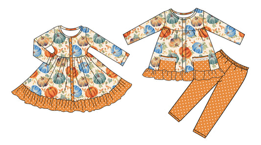 25.5.10 custom each style moq 5eta 4-6week Sibling Sisters pumpkin baby girl long sleeve pants sets and dress match family design