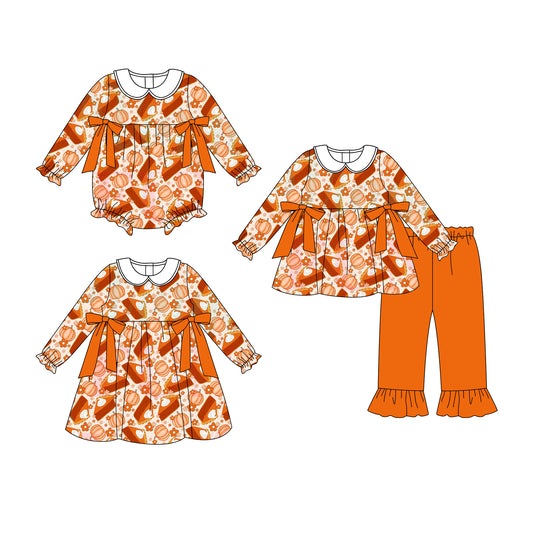 25.7.30 custom each style moq 5eta 4-6week Sibling Sisters pumpkin baby girl long sleeve pants sets and dress and rompers match family design