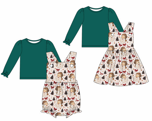 25.6.19 custom each style moq 5eta 4-6week Sibling Sisters Christmas bow green baby girls short sleeve dress and short sleeve rompers and top 1 and top 2 match family design