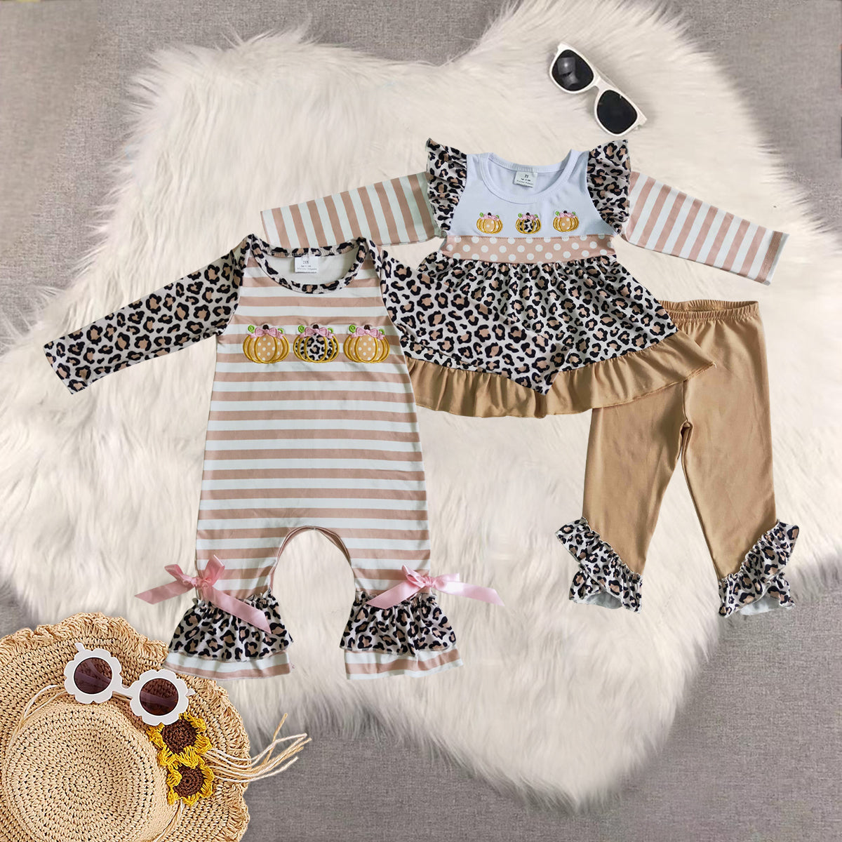 RTS NO MOQ Sibling baby girls clothes haloween pumpkin long-sleeved trousers suit & romper