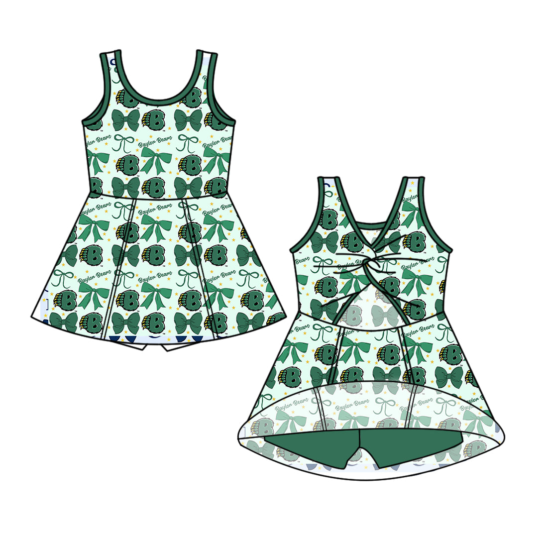 Custom moq 5 mix size milk silk summer teams baby girls clothes team bow green sleeveless skirts sets and dress 1 and dress 2 and top-25.6.21