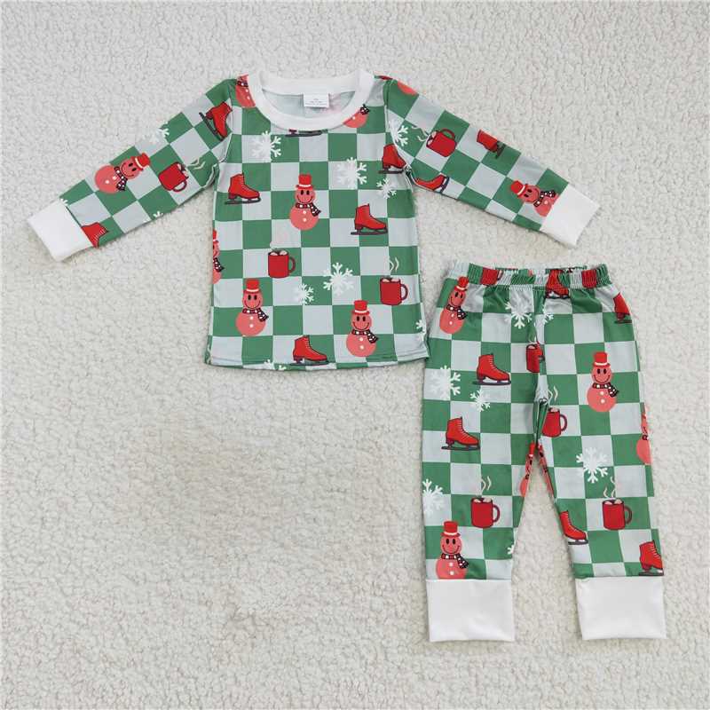 Baby Girls boys Christmas style snowman hot cocoa Christmas style snowman hot cocoa Christmas smiley face printed green and white plaid red and pink plaid Family siblings set