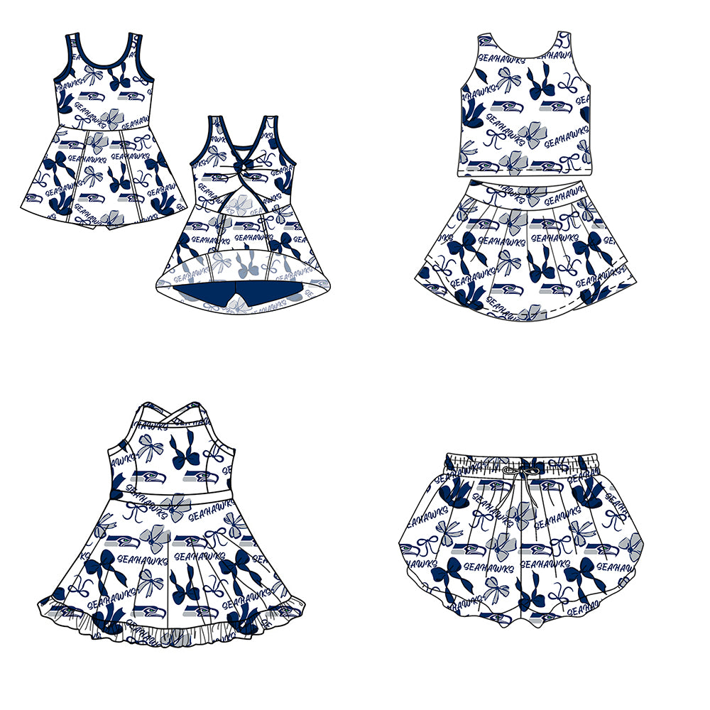Custom moq 5 mix size milk silk summer teams Baby Girls Navy Blue Bow Vest Top Skirt Shorts Sets Sleeveless Knee Length Dresses Yoga Shorts Active Outfit