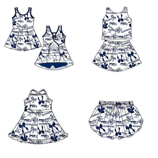 Custom moq 5 mix size milk silk summer teams Baby Girls Navy Blue Bow Vest Top Skirt Shorts Sets Sleeveless Knee Length Dresses Yoga Shorts Active Outfit