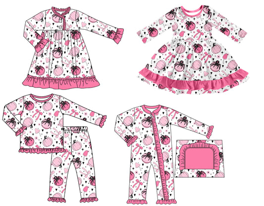 25.7.17 custom each style moq 5 eta 4-6week Sibling Sisters halloween pumpkin bow baby girl long sleeve pants sets and romper and dress 1 and dress 2 match family design