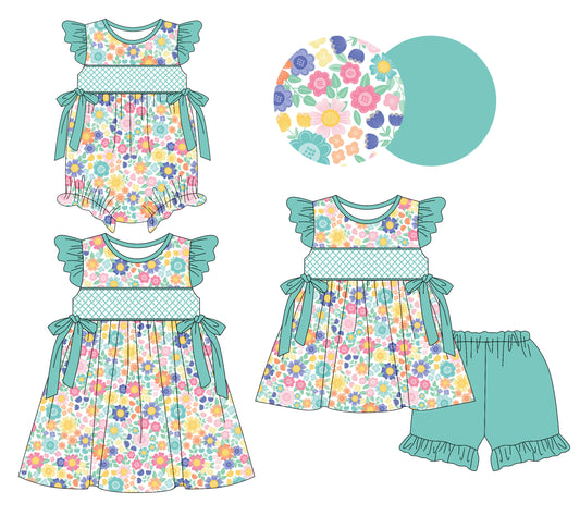 3.8 custom each style moq 5eta 4-6week Sibling Sisters floral baby girl short sleeve shorts sets and dress and rompers match family design