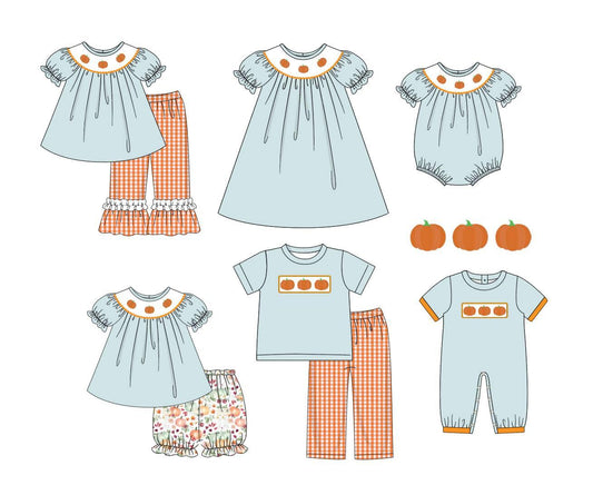 5.17custom each style moq 5eta 4-5week Sibling Sister orange print orange stripes blue girls and boys outfits and baby romper and dress match family design