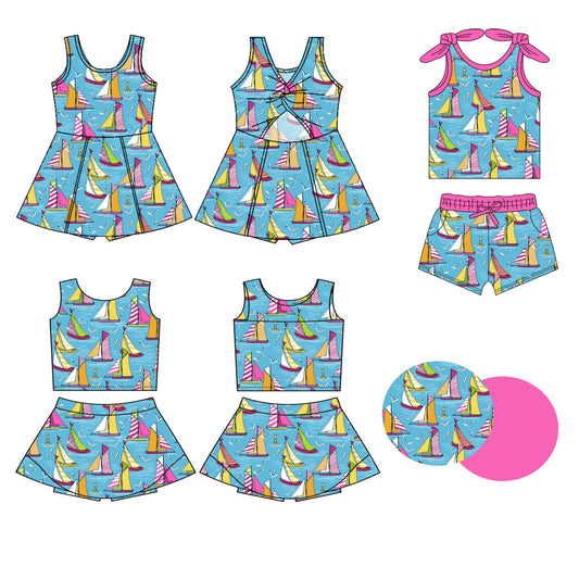3.10 custom each style moq 5eta 4-6week Sibling Sister boat baby girls clothes Short Sleeve shorts sets 1 and yoga dress 1 and dress 2 match family design