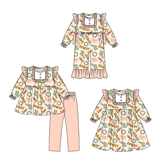 25.8.8 custom each style moq 5eta 4-6week Sibling Sisters boot catcus hat baby girl long sleeve pants sets and dress and rompers match family design