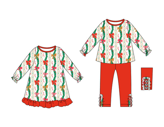 25.6.24 custom each style moq 5eta 4-6week Sibling Sisters Christmas bow baby girl long sleeve pants sets and dress match family design