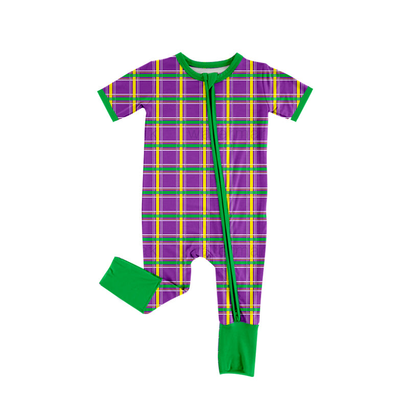 7.23 custom each style moq 5eta 4-6week Sibling Sister mari gras purple plaid baby boys short sleeve sets and rompers match family design