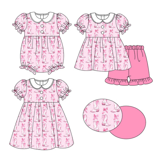 25.11.2 custom each style moq 5 eta 6-8week Sibling Sister boot bow baby short sleeve shorts sets and romper and dress match design