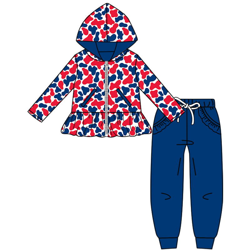 Custom moq 5 mix size milk silk summer teams baby girls clothes camouflage blue hooded long sleeve pants sets 2 and boy pants sets and pant-25.8.9