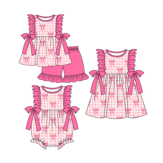 4.3 custom each style moq 5eta 4-6week Sibling Sisters bow baby girl short sleeve shorts sets and dress and rompers match family design