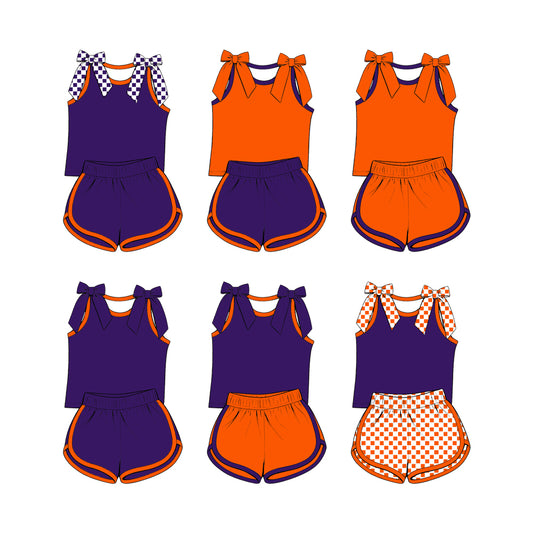 custom moq 5 mix size Baby Girls Orange Purple Bow Sleeveless Top Shorts Summer Outfit Sets