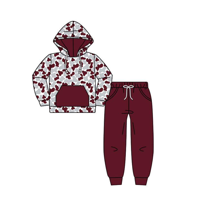 Custom moq 5 mix size milk silk summer teams baby girls clothes camouflage brick red hooded long sleeve pants sets 2 and boy pants sets and pant-25.8.7