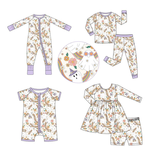 5.9custom each style moq 5eta 4-5week Sibling Sister Halloween cute ghost prints purple girls and boys outfits and baby rompers match family design