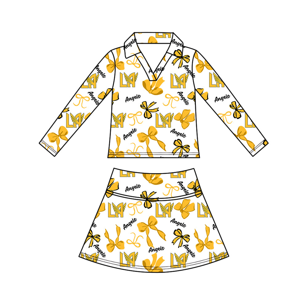 Custom moq 5 mix size summer teams Girls Polka Dot Top Shorts Set Yellow Top Skirt Short Set Zipper Pullover Pants Set