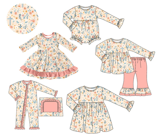 25.7.12 custom each style moq 5 eta 4-6week Sibling Sisters floral baby girl long sleeve pants sets 1 and sets 2 and romper 1 and romper 2 and dress match family design