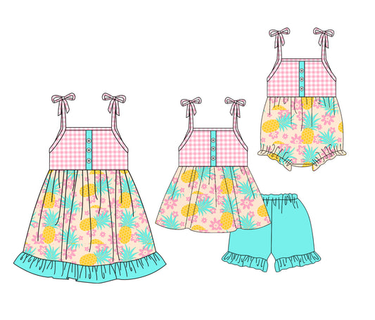 3.27 custom each style moq 5eta 4-6week Sibling Sisters Pineapple baby girl short sleeve shorts sets and dress and rompers match family design