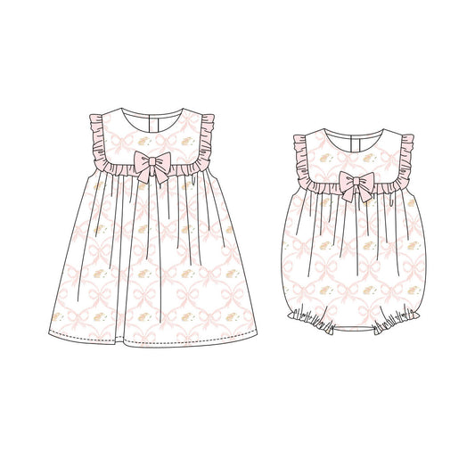 25.10.2 custom each style moq 8 eta 6-8week Sibling Sisters easter bow baby girl short sleeve dress and rompers match family design