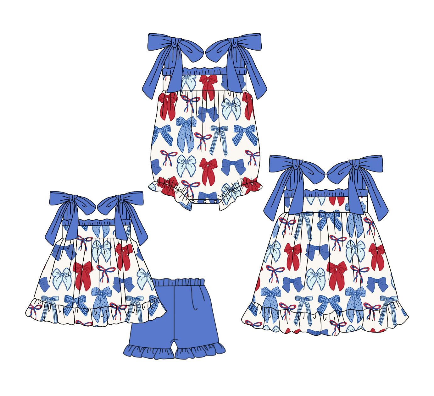 3.5 Custom moq 5 mix size Sibling 4th of July Baby Girl's Sleeveless Top And Blue Ruffle Short Set Cute Romper Dress for Summer