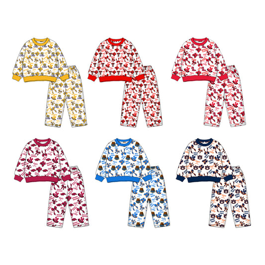 custom moq 5 mix size XFC070904 Baby Kids Bows Printed Long Sleeve Tops Pants Team Casual Clothes Set