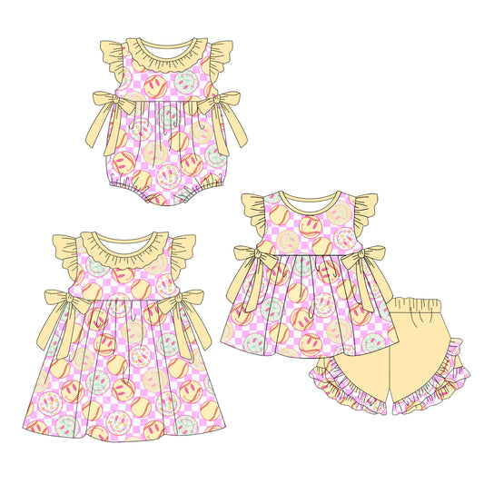 4.22 custom each style moq 5eta 4-6week Sibling Sisters smiley baby girl short sleeve shorts sets and dress and rompers match family design