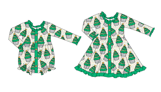 25.6.9 custom each style moq 5eta 4-6week Sibling Sisters Christmas trees green baby girl long sleeve dress and rompers match family design