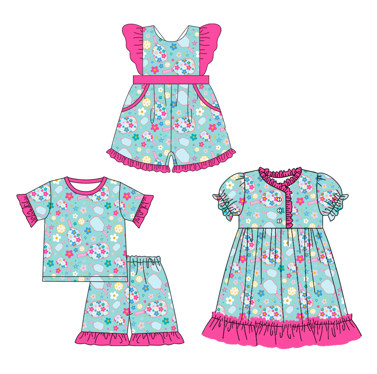 25.11.10 custom each style moq 5 eta 6-8week Sibling Sister floral baby short sleeve shorts sets and jumpsuit and dress match design