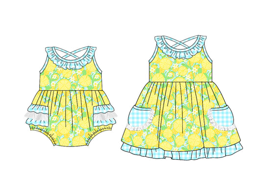 3.11 custom each style moq 5eta 4-6week Sibling Sister lemon baby girl short sleeve dress and rompers match family design