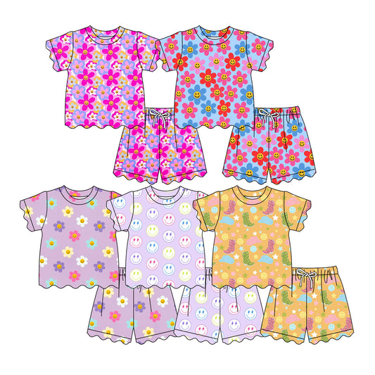 4.9 Custom moq 5 mix size Sibling Baby Girl Flowers Top Short Scallop Clothes Sets Summer Outfit
