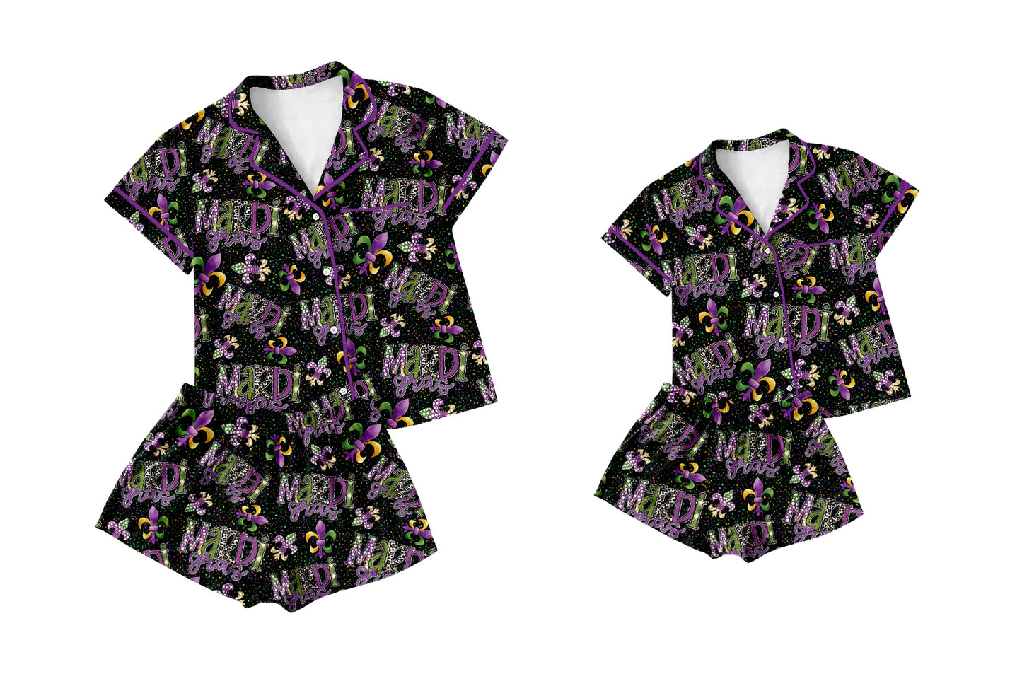 12.27 custom each style moq 5eta 4-6week Sibling Sister mardi gras short sleeve shorts sets and adult sets match design
