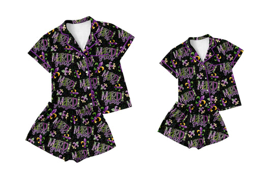 12.27 custom each style moq 5eta 4-6week Sibling Sister mardi gras short sleeve shorts sets and adult sets match design