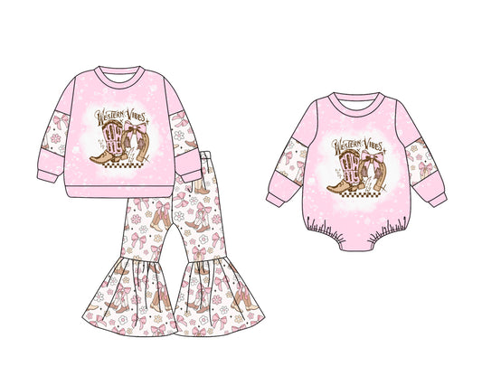25.5.9 custom each style moq 5eta 4-6week Sibling Sisters boots baby girl long sleeve pants sets and rompers match family design