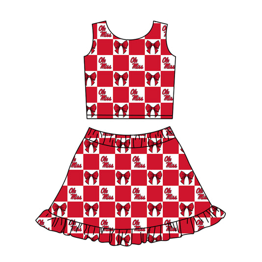 Custom moq 3 or 5 mix size milk silk summer teams baby girl clothes bow red sleeveless skirts sets-26.1.19