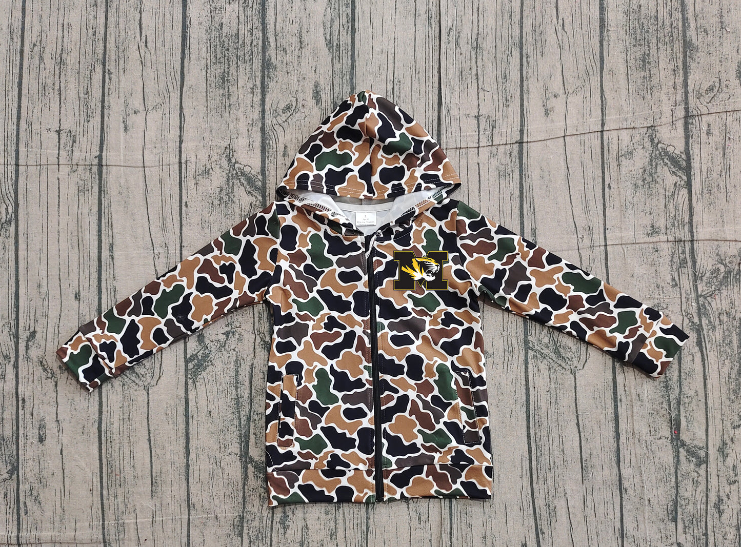 Custom moq 5 mix size milk silk baby boys clothes team summer camouflage zipper hooded long sleeve top-25.11.22