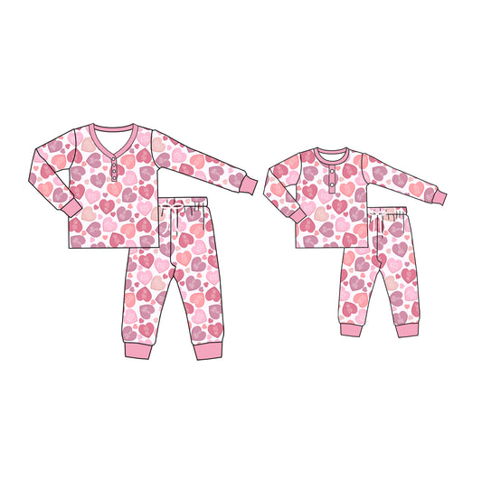 12.2 custom each style moq 5eta 4-6week Sibling Sister love pink baby girls long sleeve pants sets and adult sets match design