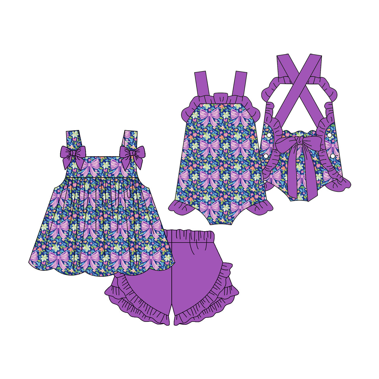 3.17 Custom moq 5 mix size Sibling Baby Girl's Purple Bows Sleeveless Top And Purple Ruffle Short Set Cute Romper for Summer