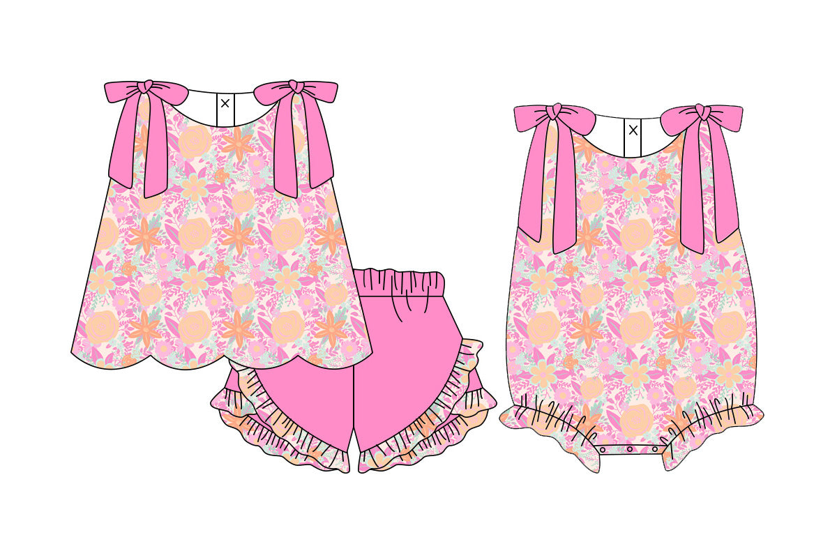 3.10 Custom moq 5 mix size Sibling Baby Girls Pink Sleeveless Top And Ruffle Shorts Set Matching Romper Outfit