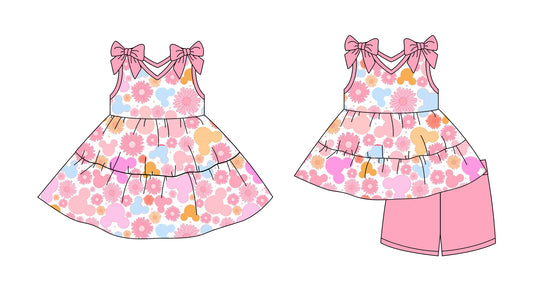 2.28 custom each style moq 5eta 4-6week Sibling Sister floral baby girl short sleeve shorts sets and dresses match design