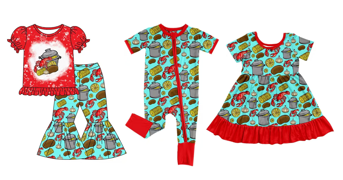 12.5 custom each style moq 5eta 4-6week Sibling Sister lobster baby girl sets and dress and rompers match family design